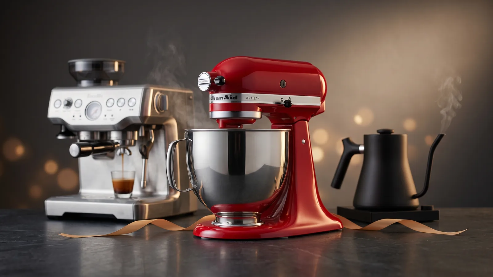 A red KitchenAid Artisan stand mixer between a stainless espresso machine pulling a shot and a matte-black gooseneck kettle, with a gold ribbon and warm festive lights on a dark surface.