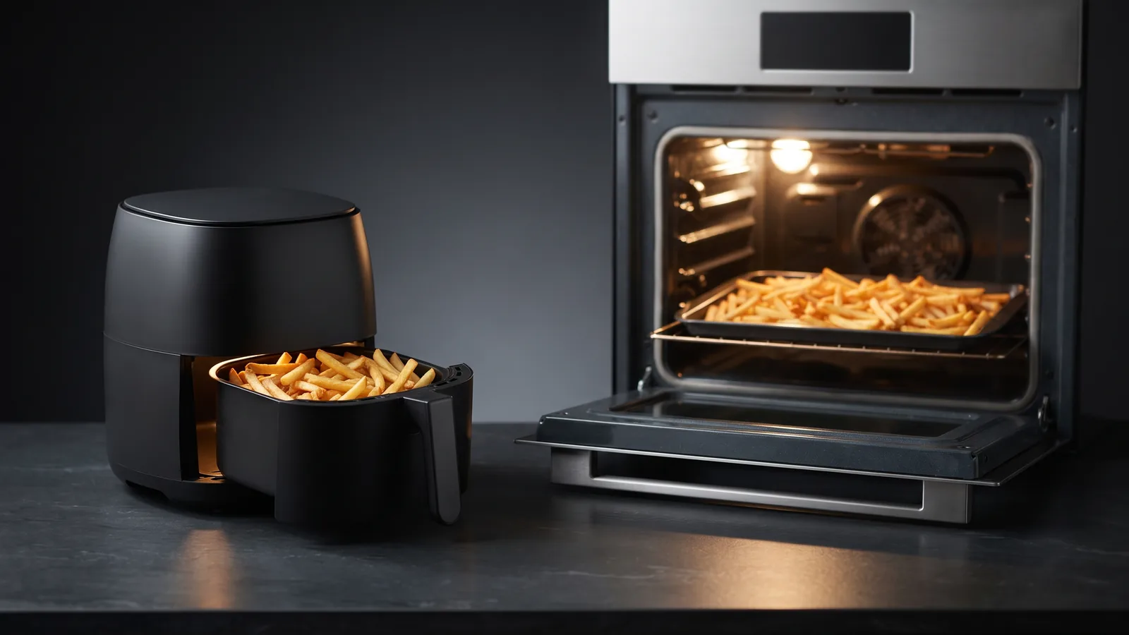A black air fryer with its basket full of golden fries beside a full-size wall oven glowing warm with a tray of the same fries.