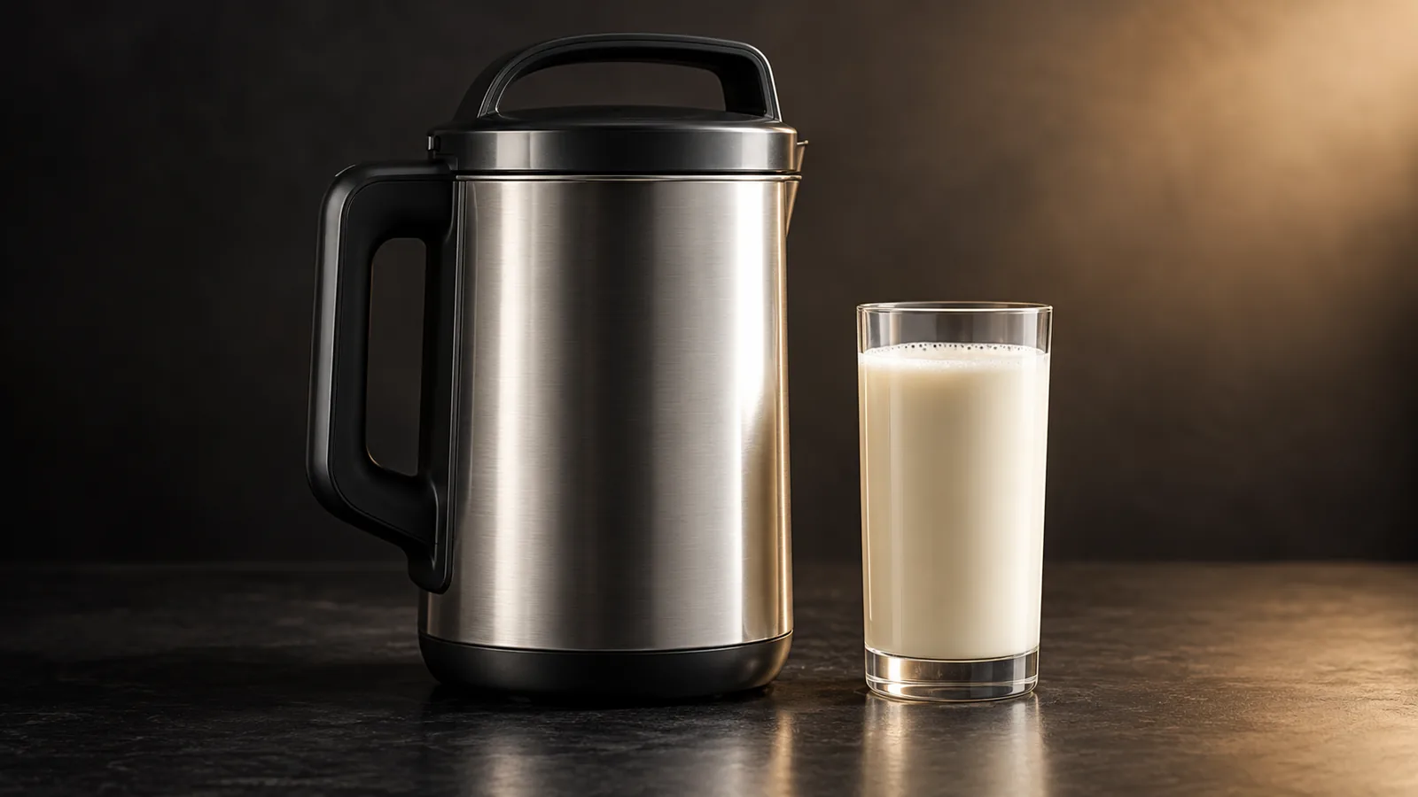 A stainless nut milk maker beside a tall glass of fresh plant milk (generic).