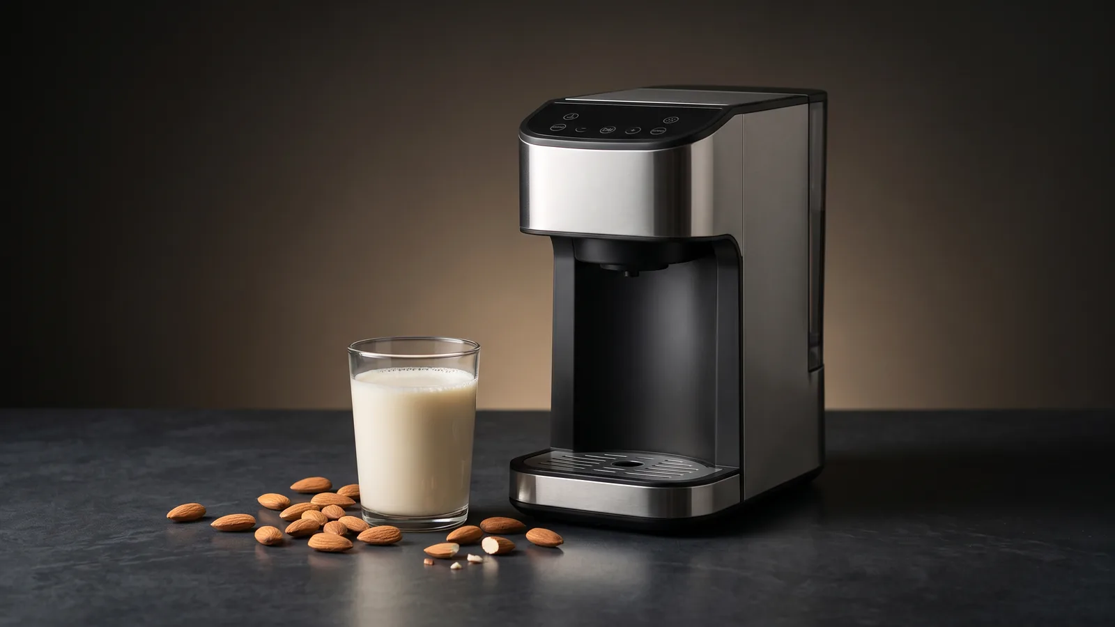 A nut milk maker machine with a glass of creamy almond milk and a scatter of almonds.