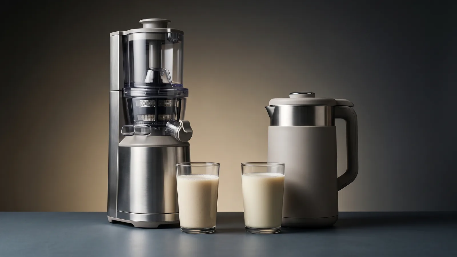 Two nut milk makers side by side, a cold-extraction model and a heated model, each with a glass of plant milk.