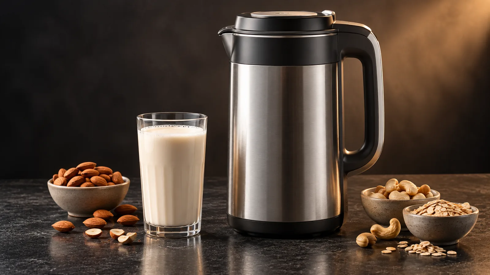 A compact nut milk maker with a glass of fresh plant milk (generic).