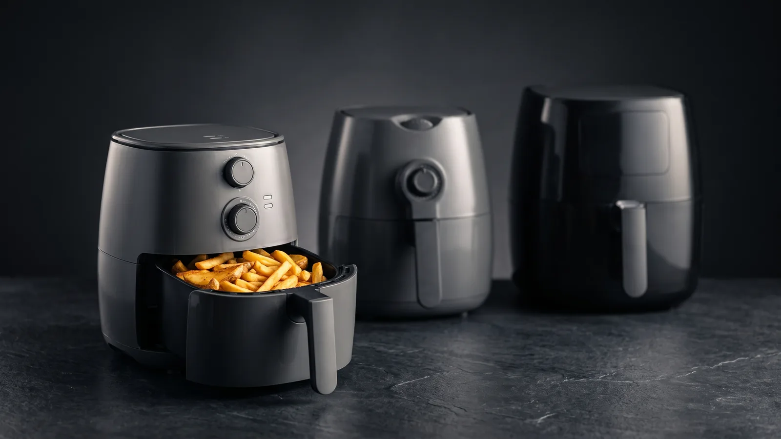 Three black air fryers of ascending size on a dark surface, the front one with its basket open on golden fries.