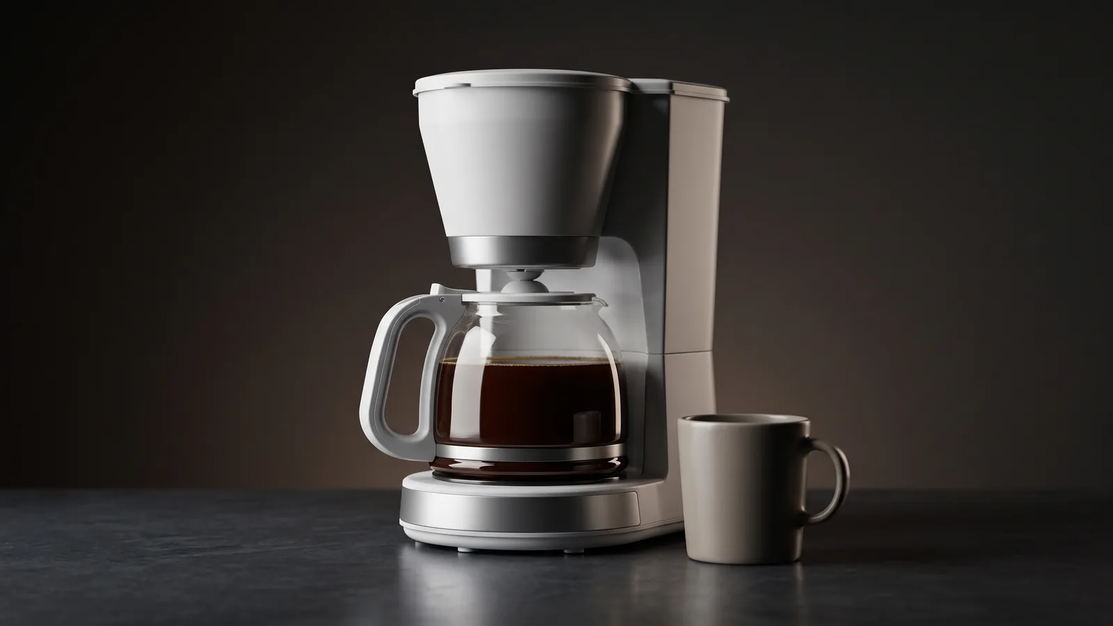 A simple clean drip coffee maker with a full glass carafe of fresh coffee, a mug beside it, honest value feel.