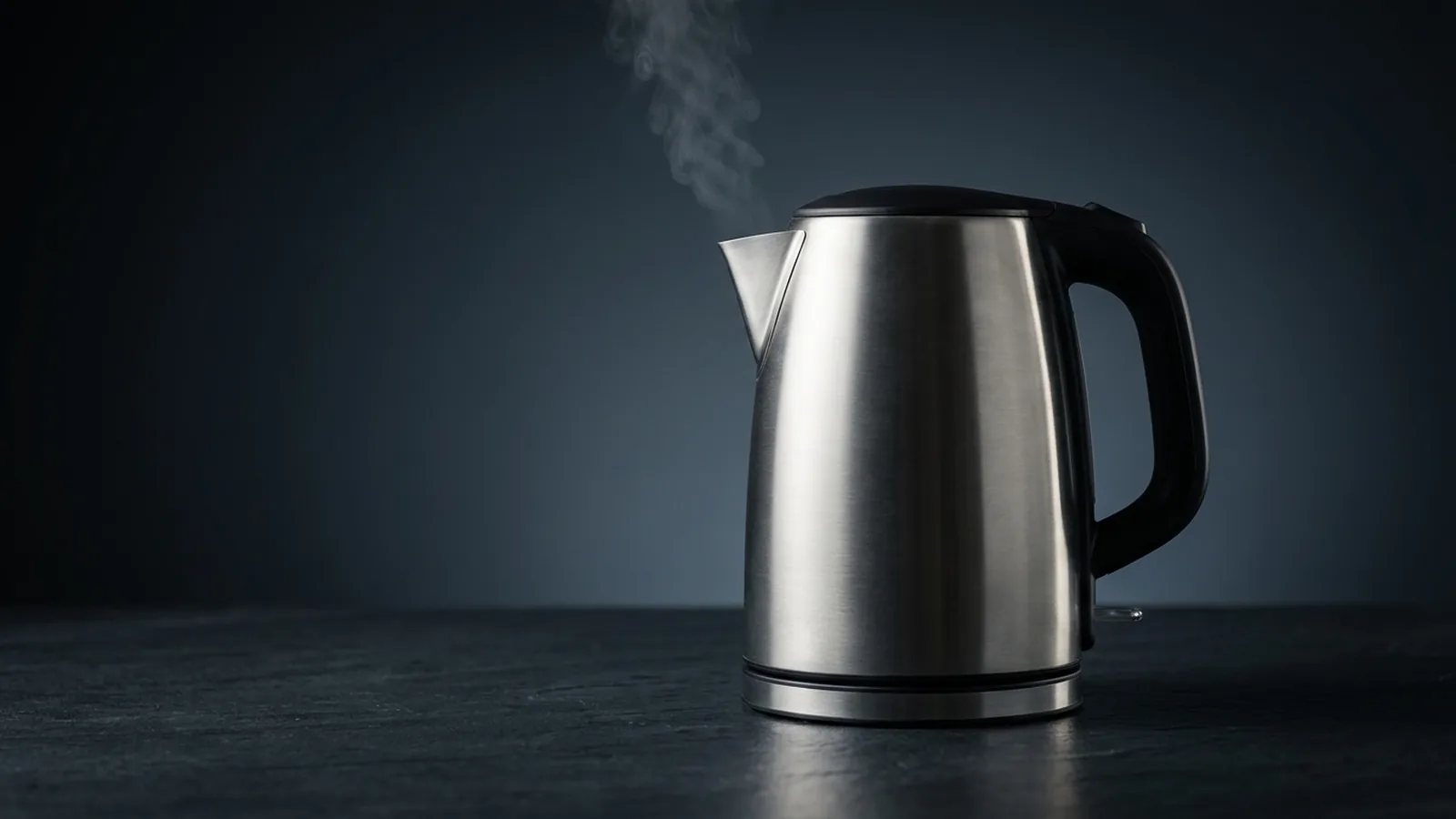 A simple stainless electric kettle with light steam rising from the spout, honest value feel.