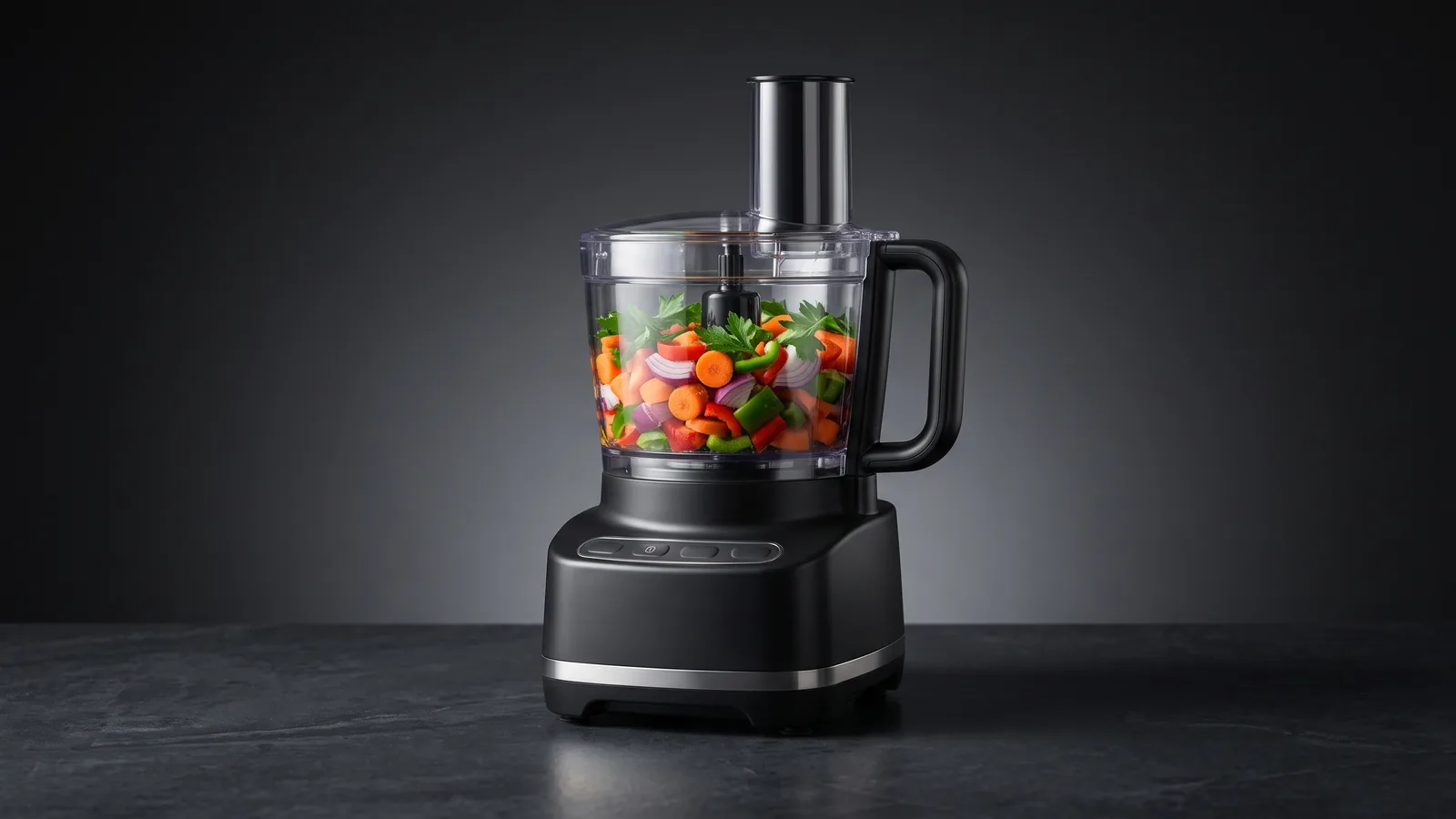 A simple food processor with a clear bowl of freshly chopped vegetables and its S-blade, honest value feel.