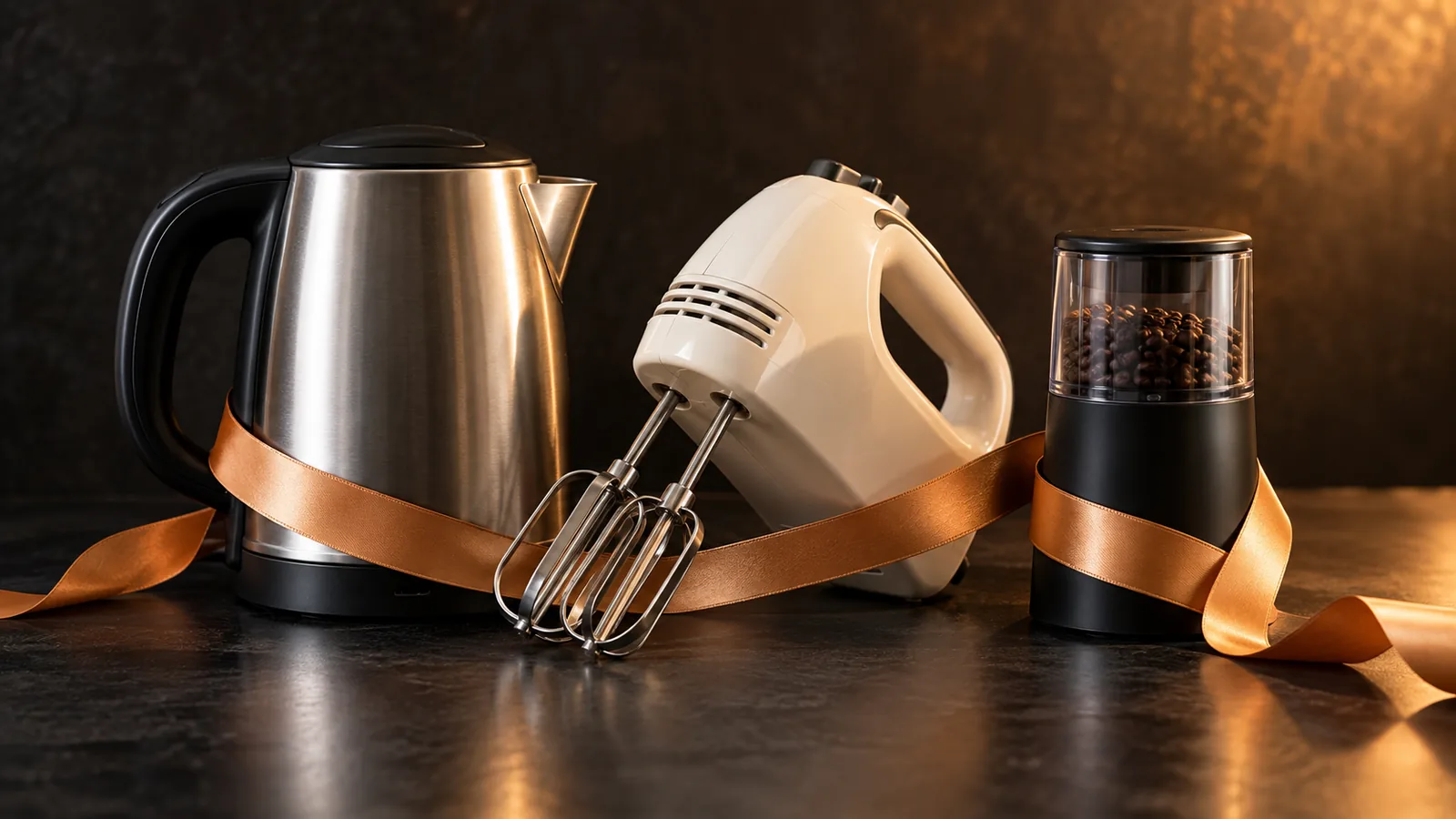 A stainless electric kettle, a white hand mixer, and a coffee grinder tied with a copper ribbon on a dark surface as an affordable kitchen gift set.