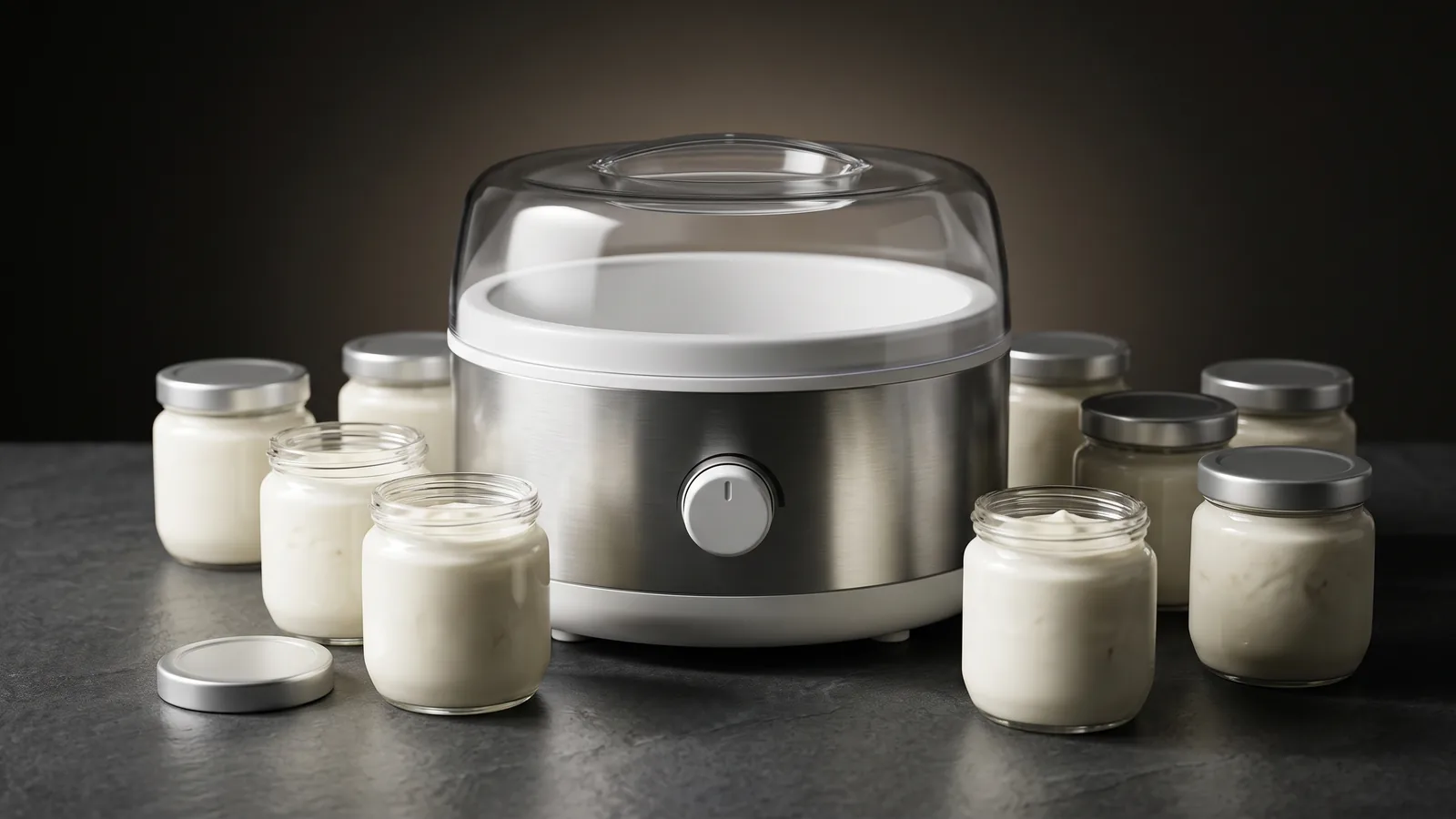 A simple yogurt maker surrounded by small glass jars of creamy set yogurt, honest value feel.