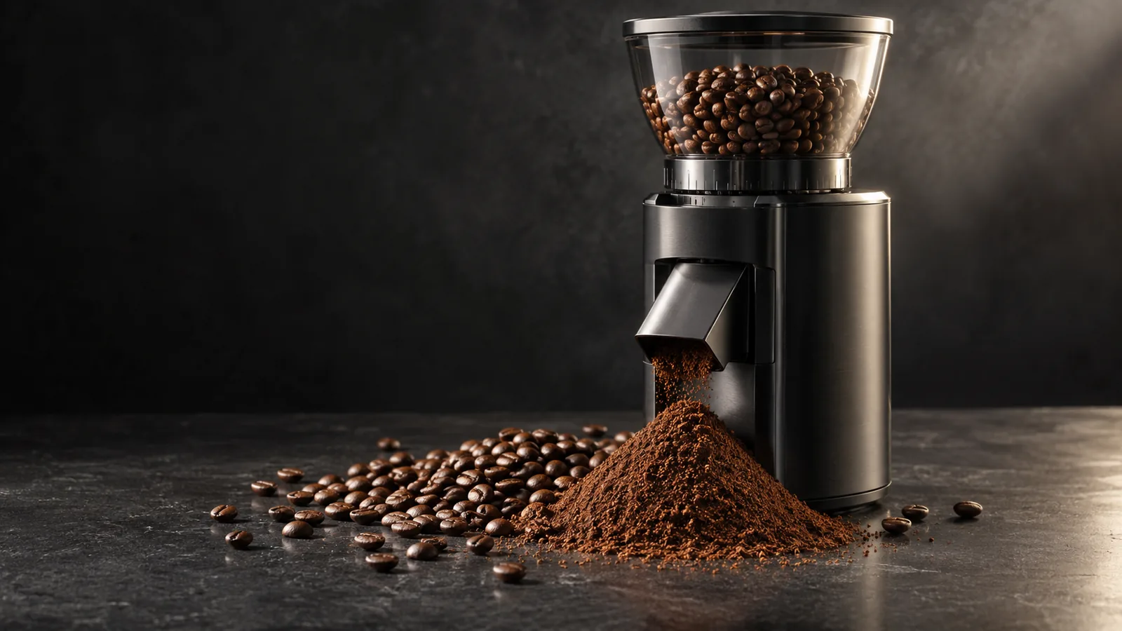 A burr coffee grinder with whole beans in the hopper and a mound of fresh grounds spilling in front.