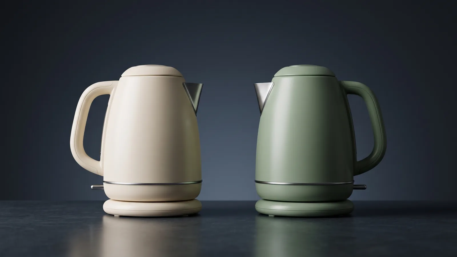 A cream electric kettle and a sage green electric kettle side by side on a dark surface.