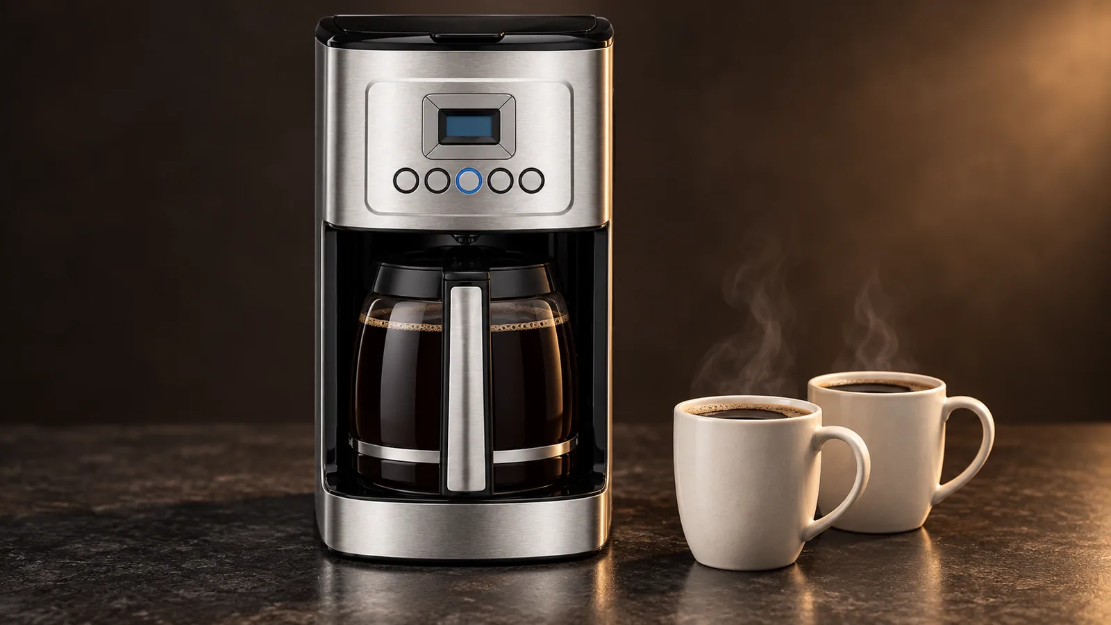 A stainless drip coffee maker with a full glass carafe of coffee beside two steaming mugs on a dark surface.