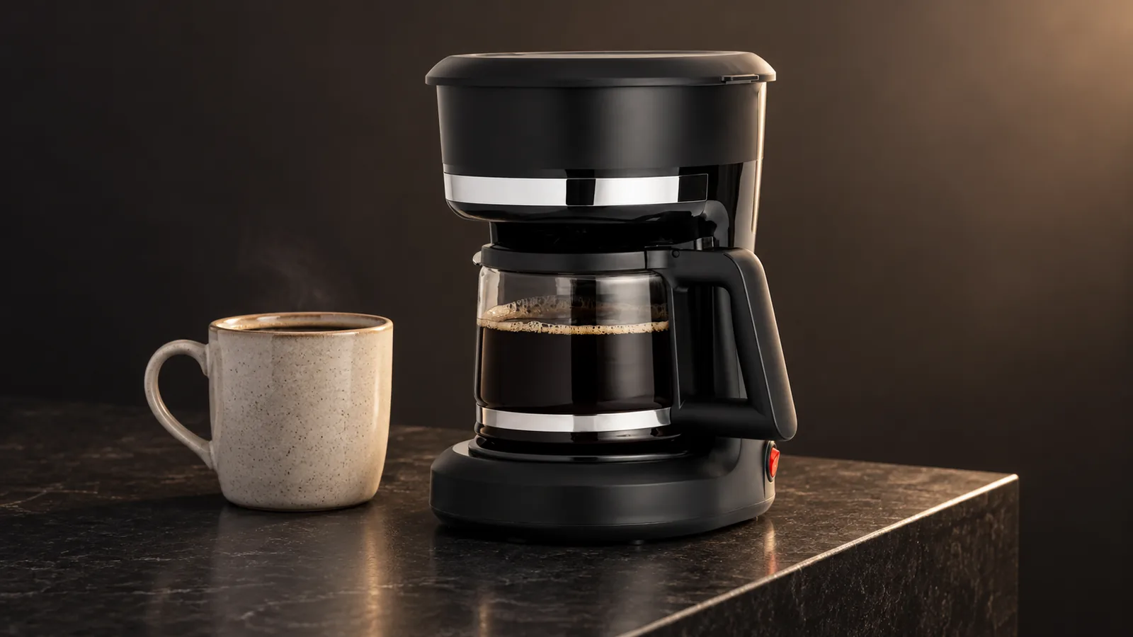 A compact drip coffee maker tucked on a tight dark counter with a single mug, space-saving.
