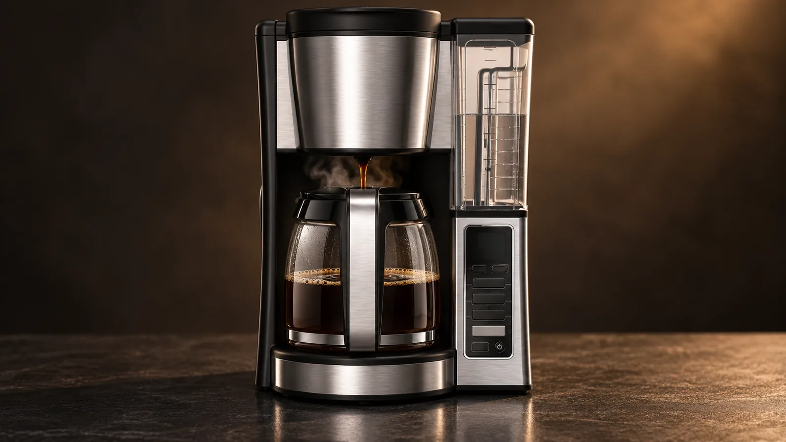 A premium drip coffee maker as hero, fresh coffee filling the glass carafe with light steam rising.