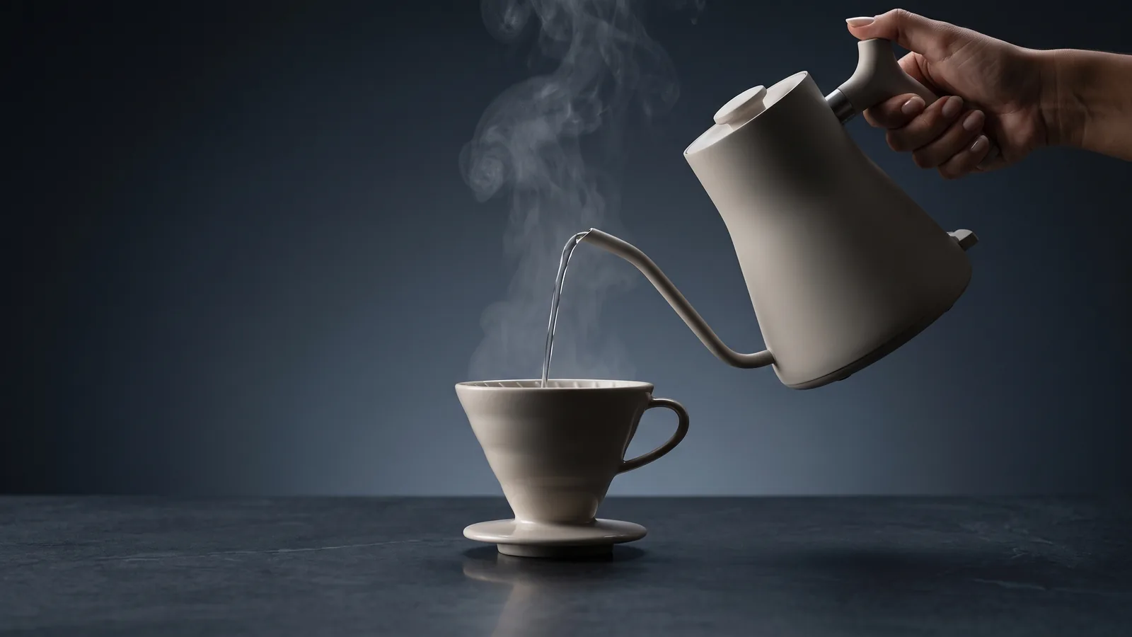 A matte gooseneck electric kettle pouring a precise stream over a coffee dripper, steam rising.