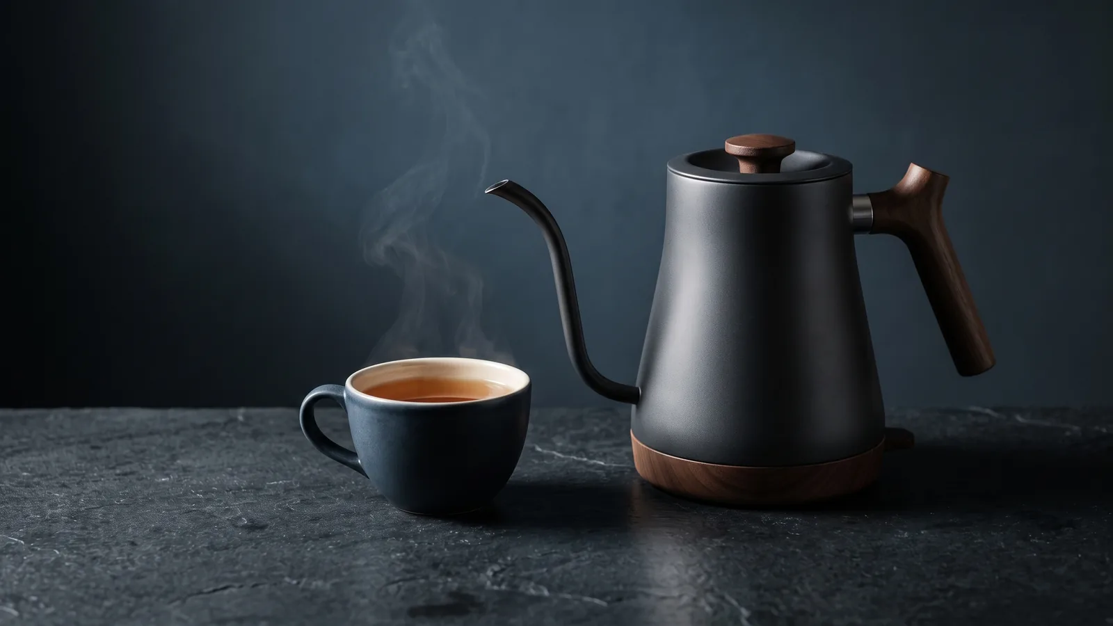A compact electric kettle on a tight dark counter with a single cup, space-saving.