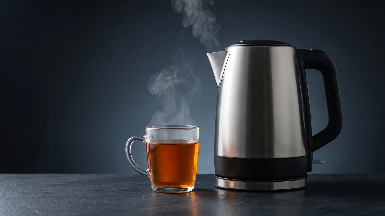 An electric kettle beside a clear glass cup of amber tea steeping, warm steam, cozy tea mood.