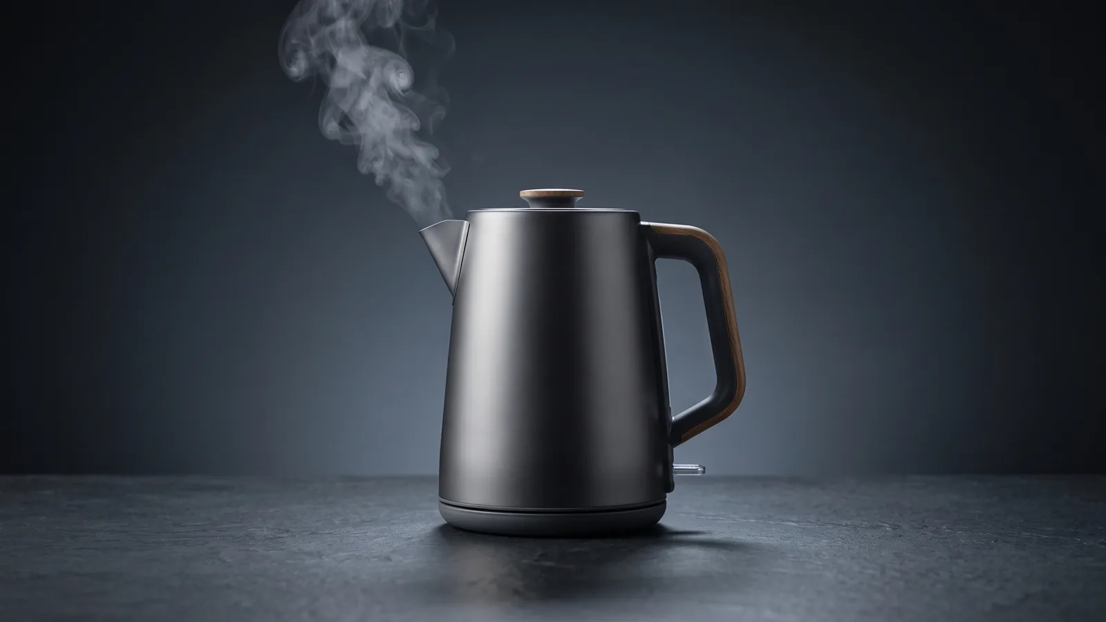 A premium electric kettle as hero with steam curling from the spout.