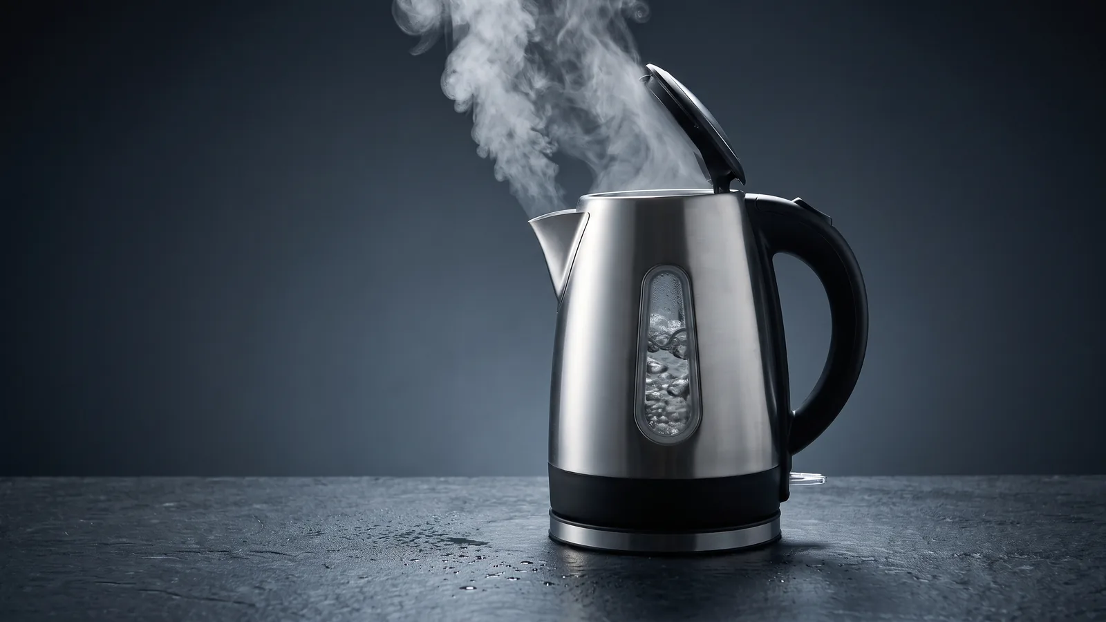 A premium electric kettle with boiling water and steam rising, a warm cozy home mood, refined.