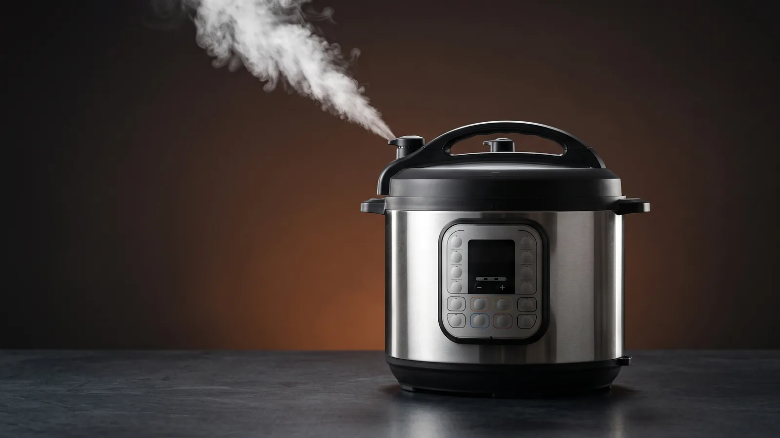A modern brushed-stainless electric pressure cooker with a brisk jet of steam venting from the top.