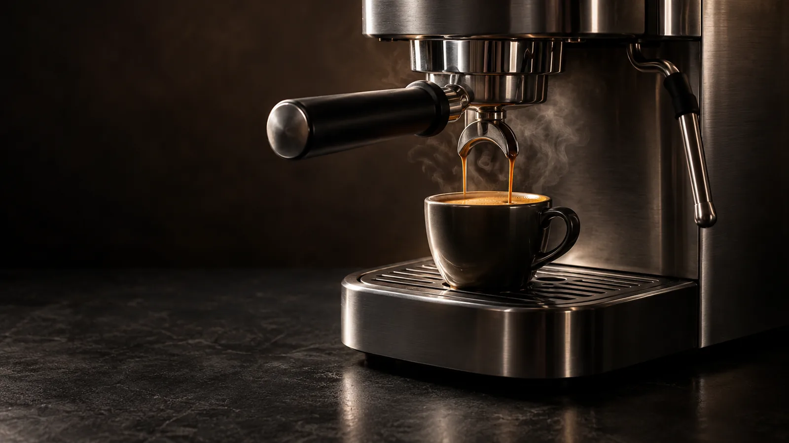 A compact home espresso machine pulling a rich shot with golden crema into a small cup, wisps of steam.