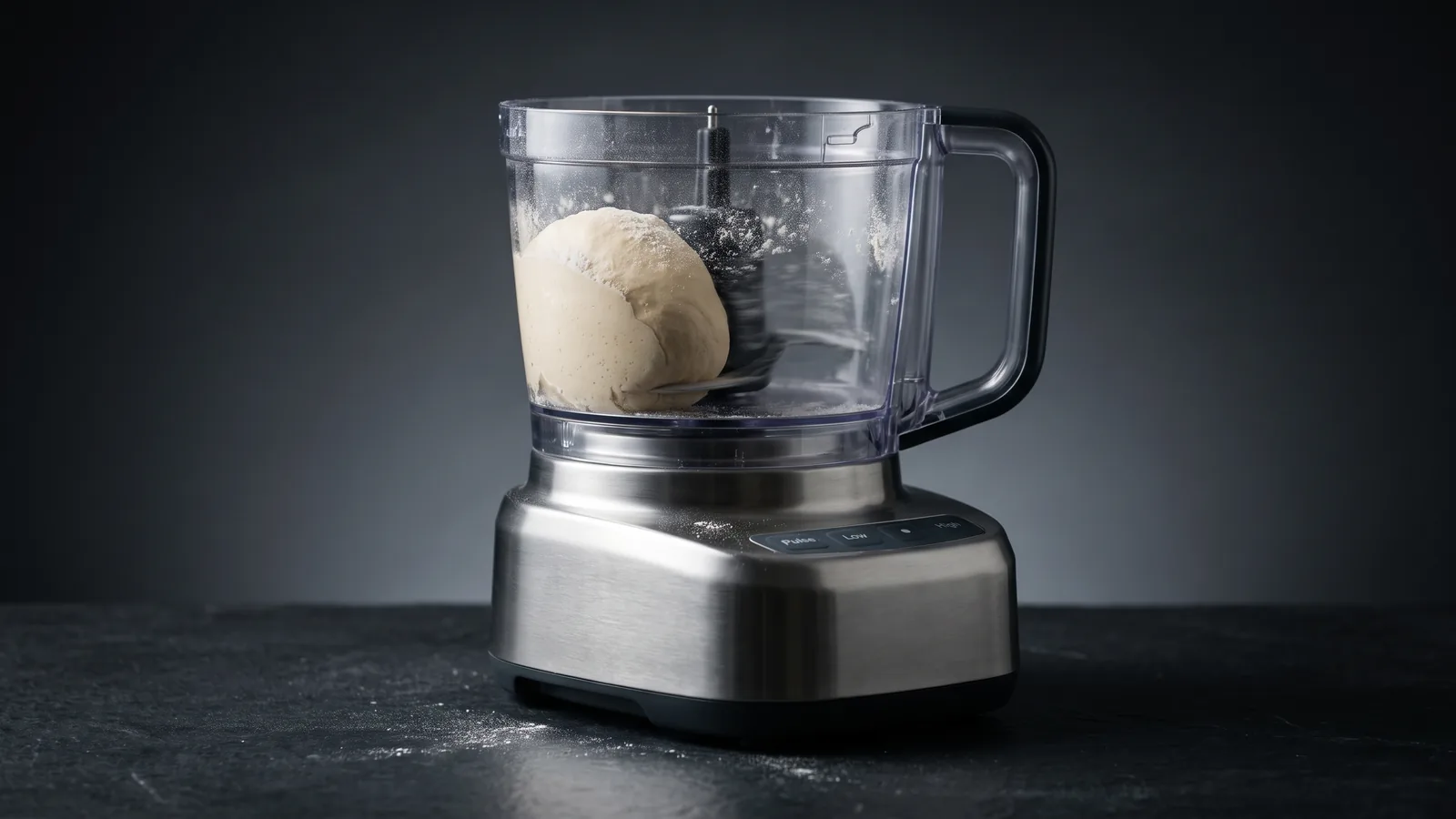 A food processor with a smooth ball of dough forming against the bowl wall, a light dusting of flour.