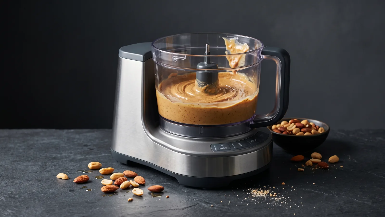 A food processor with glossy, creamy nut butter swirling in the bowl and a scatter of roasted nuts.