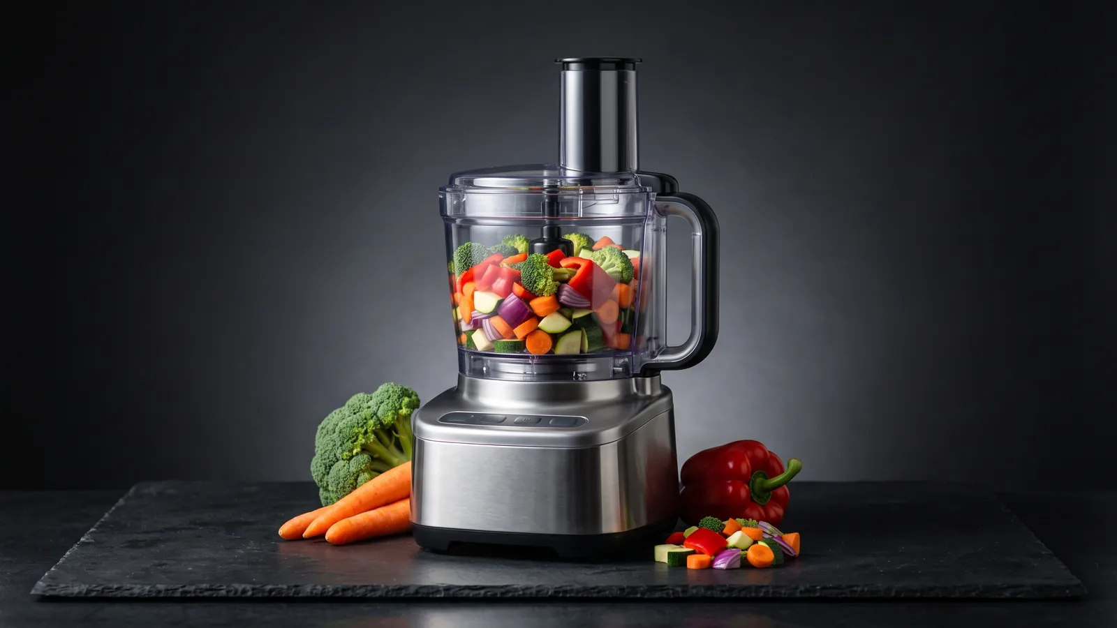 A premium food processor as hero with a clear bowl, S-blade, and colourful fresh vegetables.