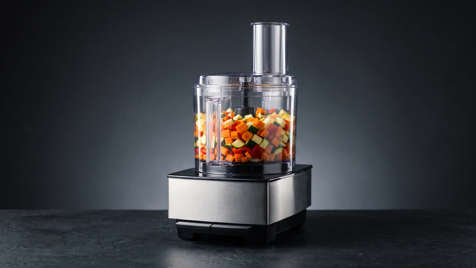 A premium food processor with a bowl of neatly chopped vegetables, its feed tube and blade visible.