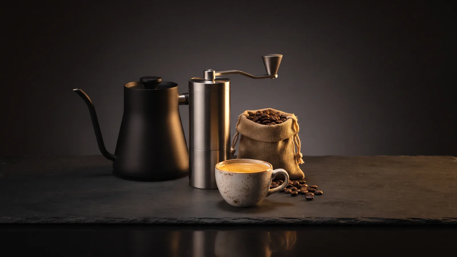 A matte gooseneck kettle, a burr coffee grinder, a burlap sack of coffee beans, and a ceramic cup of espresso arranged as a coffee-lover gift set on a dark surface.