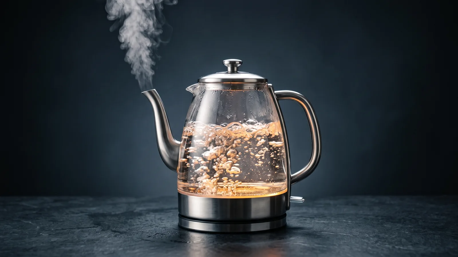 A clear glass electric kettle glowing warm with vigorously boiling water inside and steam rising, no plastic in sight.