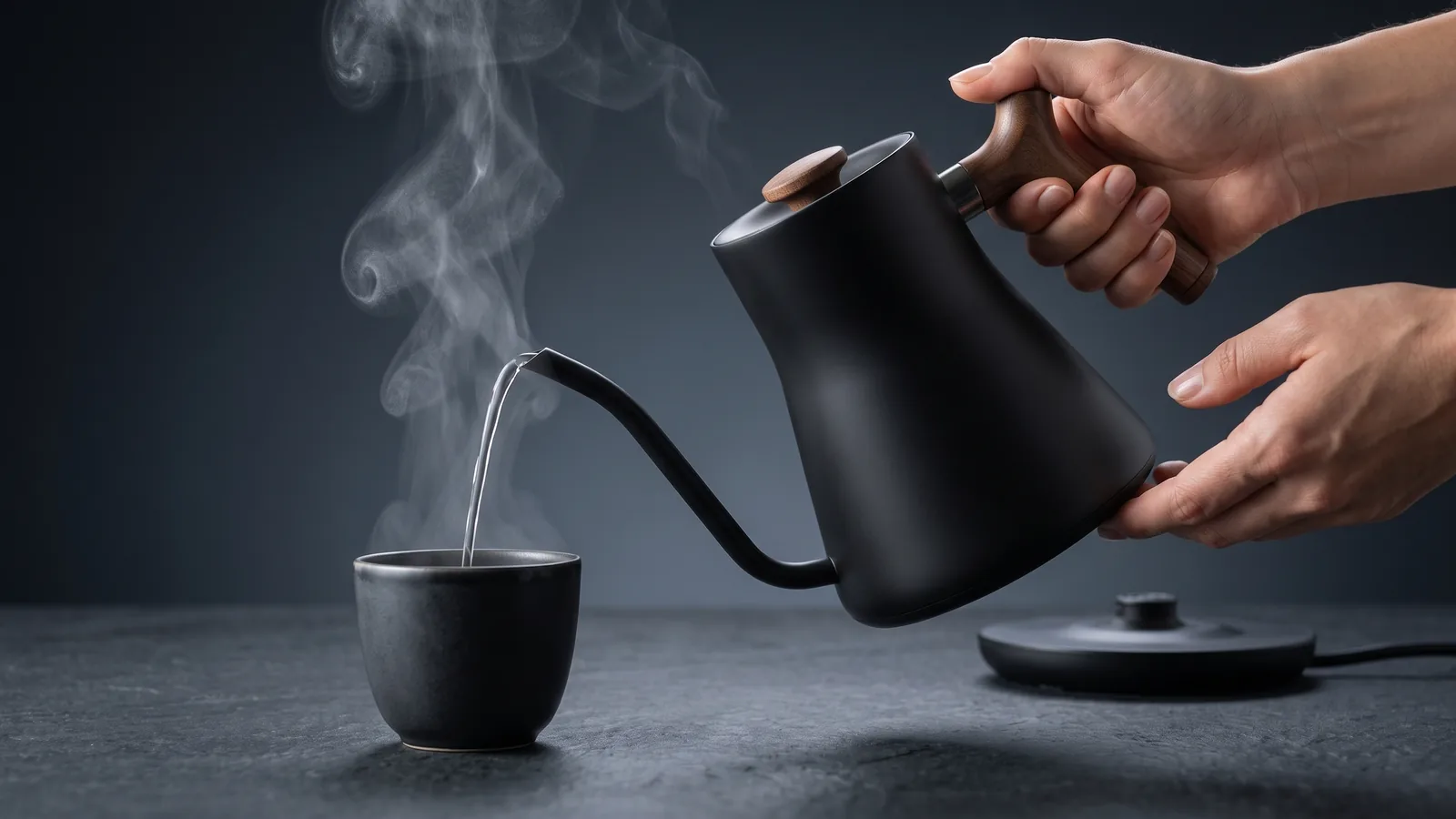 A matte-black gooseneck electric kettle pouring a slender precise stream of water, fine steam.