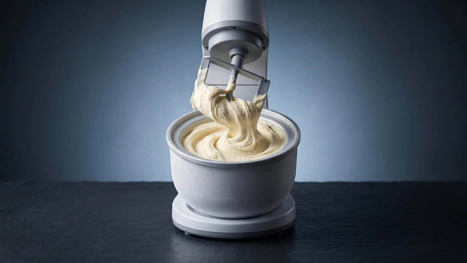 An ice cream maker with the paddle lifting a thick swirl of freshly churned vanilla ice cream, a soft frost on the bowl.