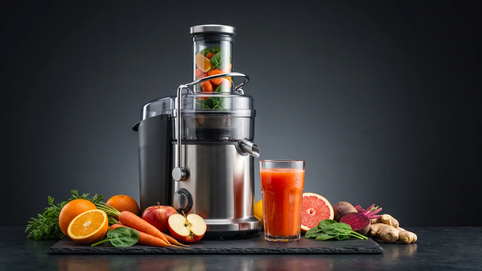 A premium juicer with a tall glass of vivid fresh juice beside it and a scatter of colourful produce.