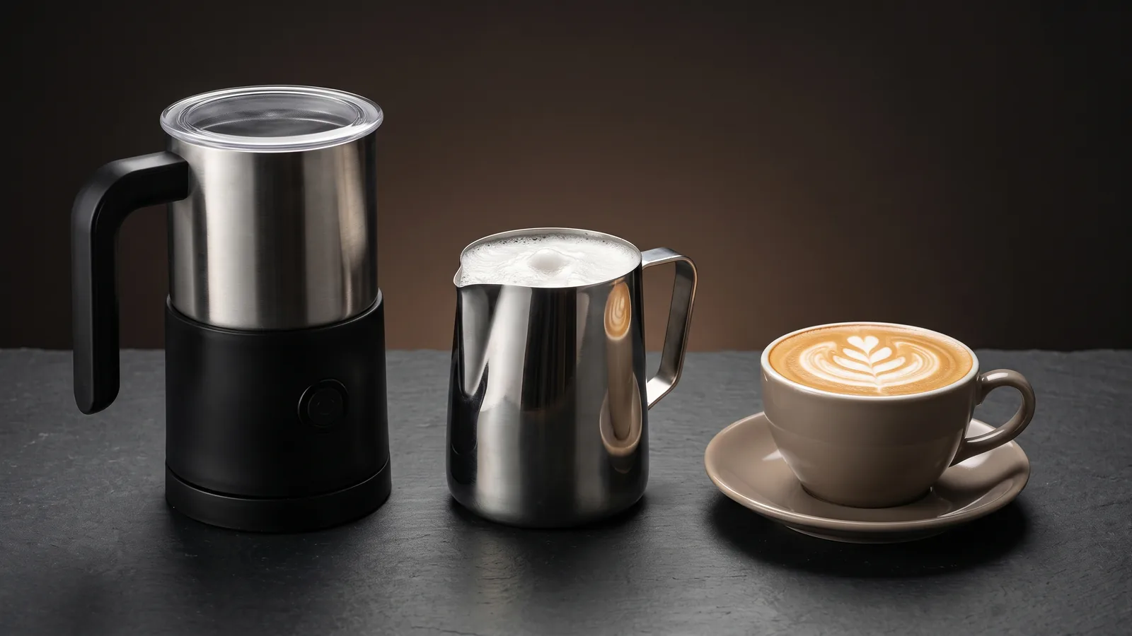 An electric milk frother beside a pitcher of glossy microfoam and a latte with a clean rosetta, warm cafe feel.