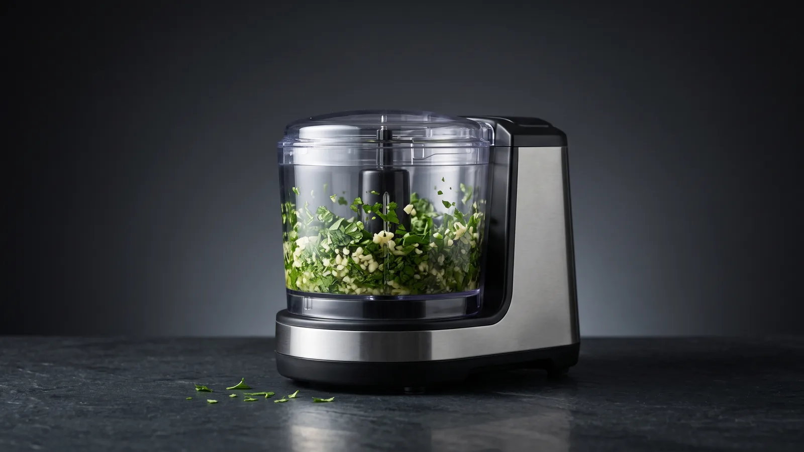 A small compact mini food processor with finely chopped herbs and garlic in its little bowl.