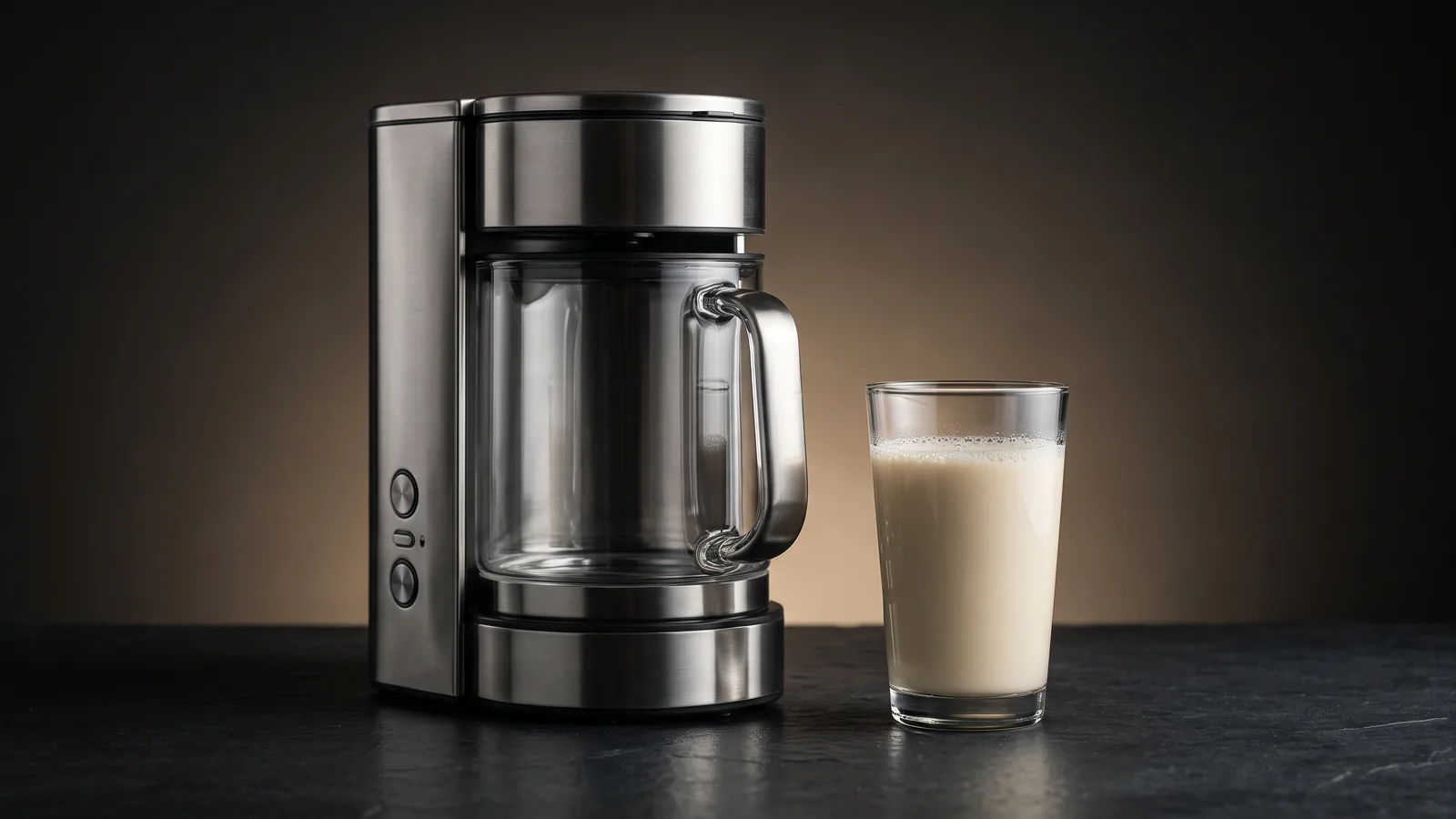 A stainless-steel and glass nut milk maker with a glass of plant milk, an all-metal plastic-free feel.