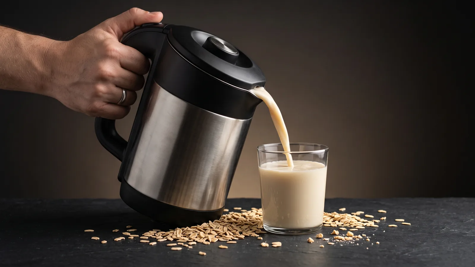 A nut milk maker pouring creamy oat milk into a glass, a scatter of oats.