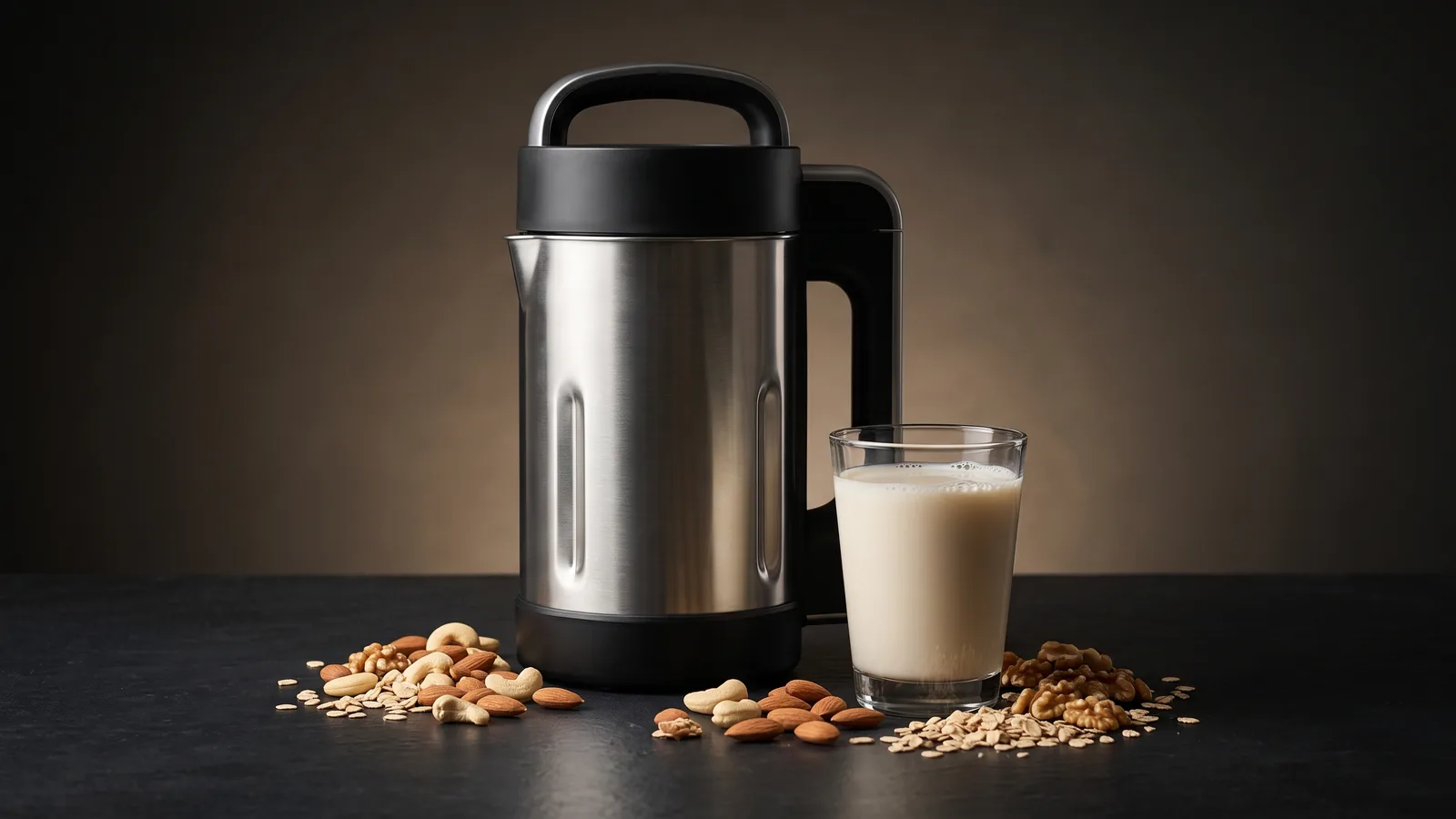 A premium nut milk maker as hero with a glass of fresh plant milk and a mix of nuts and oats.