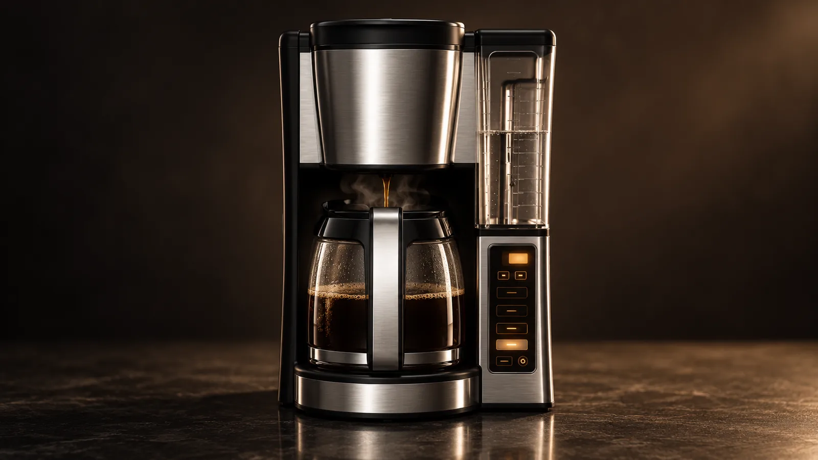 A drip coffee maker with a softly glowing control panel (no readable text) in an early-morning dark kitchen mood, carafe filling.