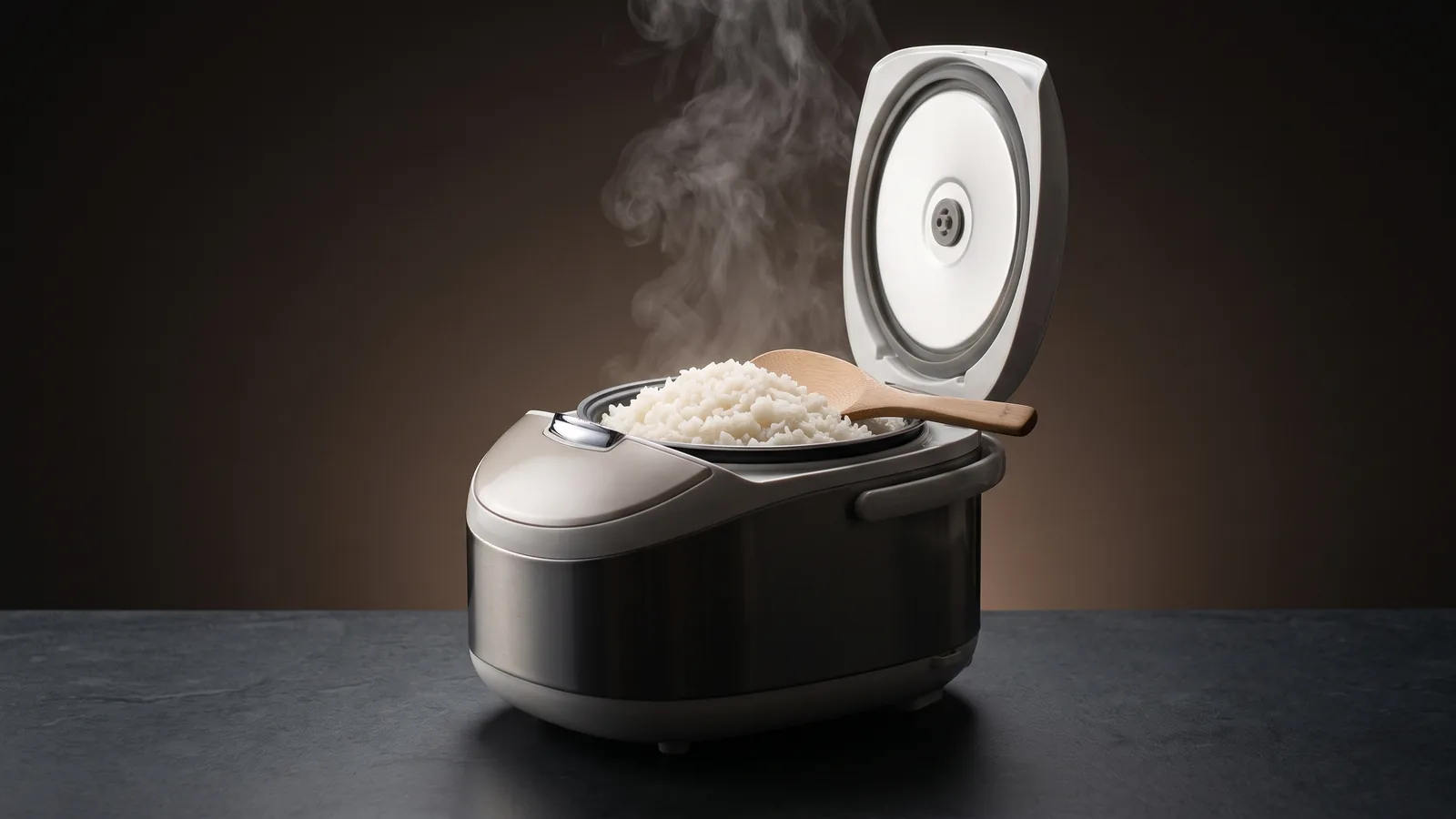 A rice cooker with its lid open revealing fluffy steaming white rice, a paddle resting on top, fine steam.