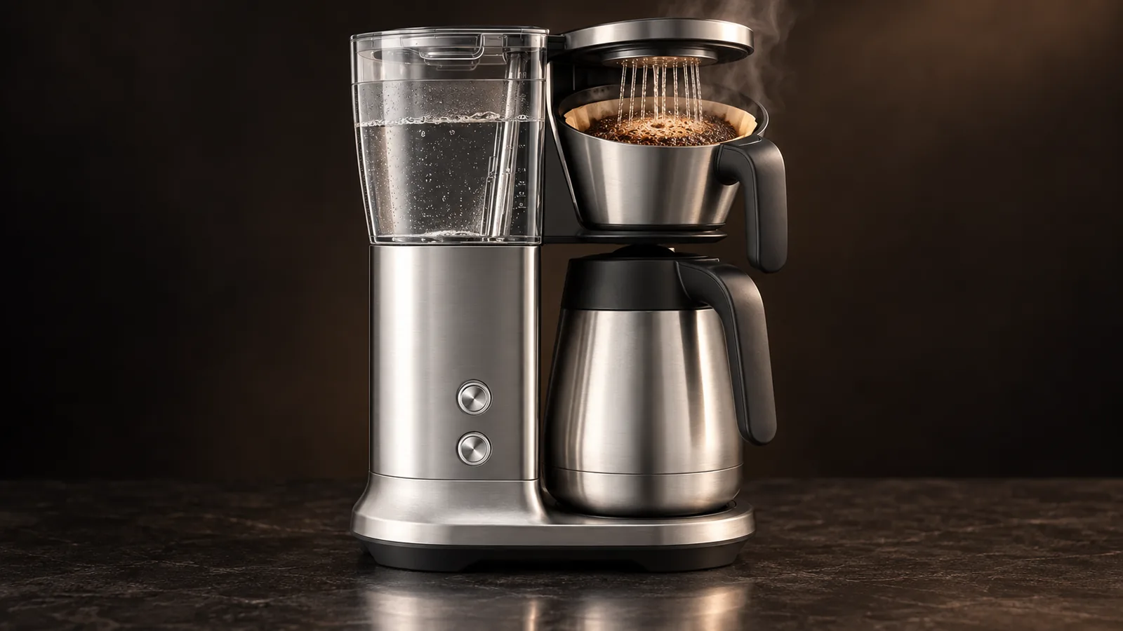 A high-end drip brewer caught mid-brew, a precise showerhead stream of hot water saturating the coffee bed in the basket, gold-standard quality feel.