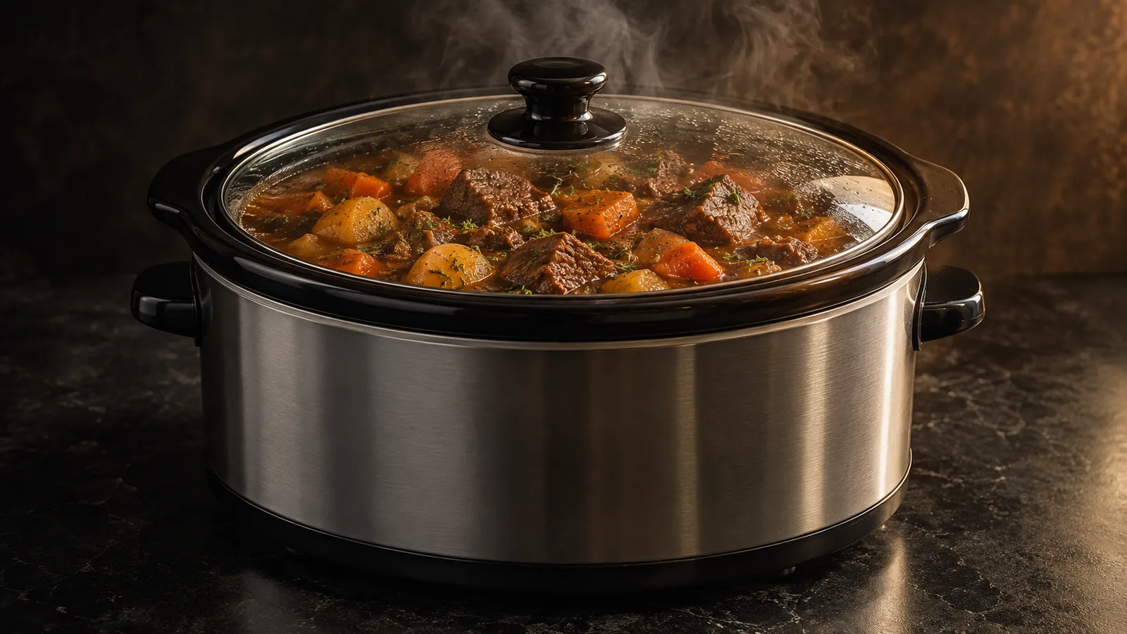 An oval slow cooker with a glass lid over a rich, glossy bubbling beef stew, warm and homey.
