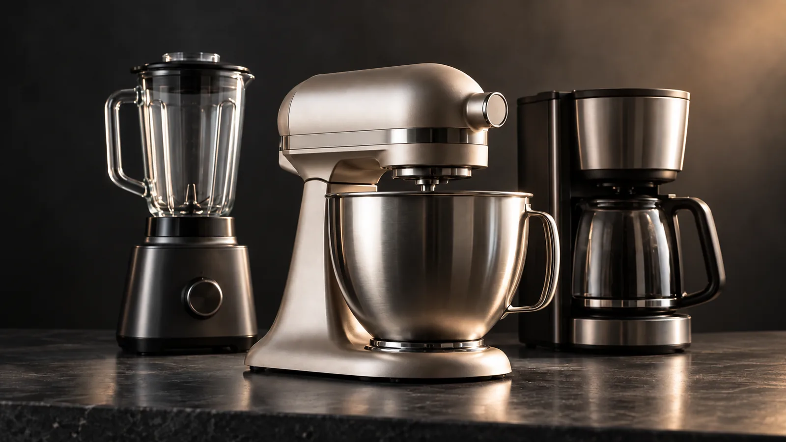 A premium blender, stand mixer, and drip coffee maker arranged together on a dark surface as a small kitchen appliance gift lineup.
