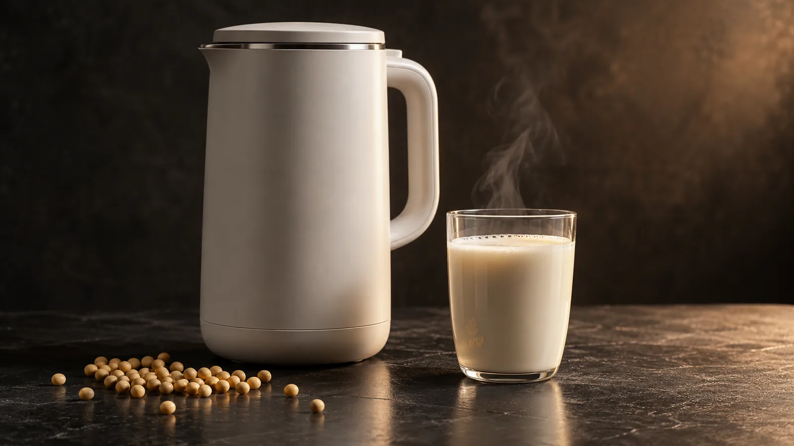 A milk maker with a glass of warm soy milk and a scatter of soybeans, gentle steam.