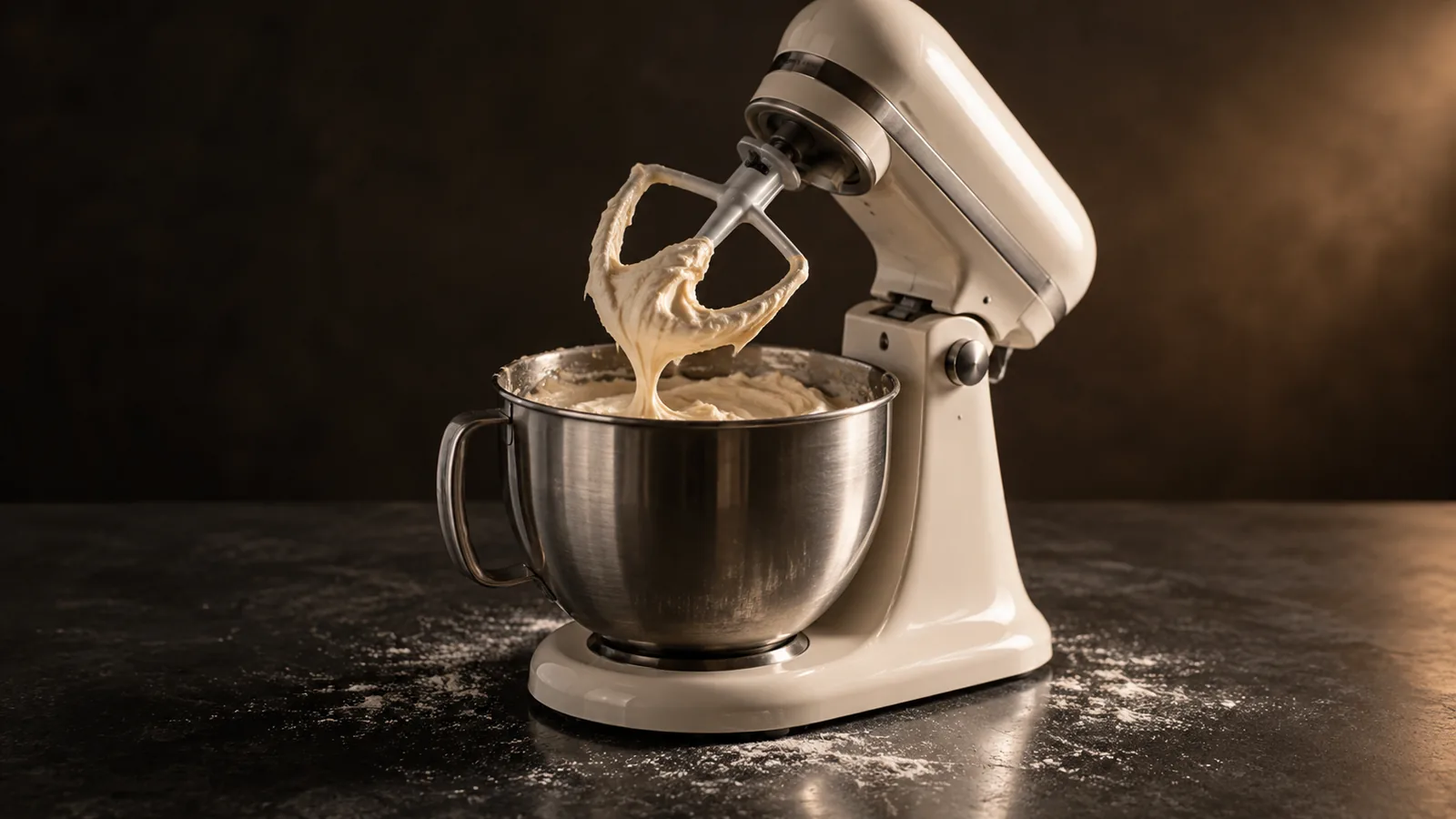 A classic tilt-head stand mixer with a bowl of softly whipped batter and the beater raised, a dusting of flour.