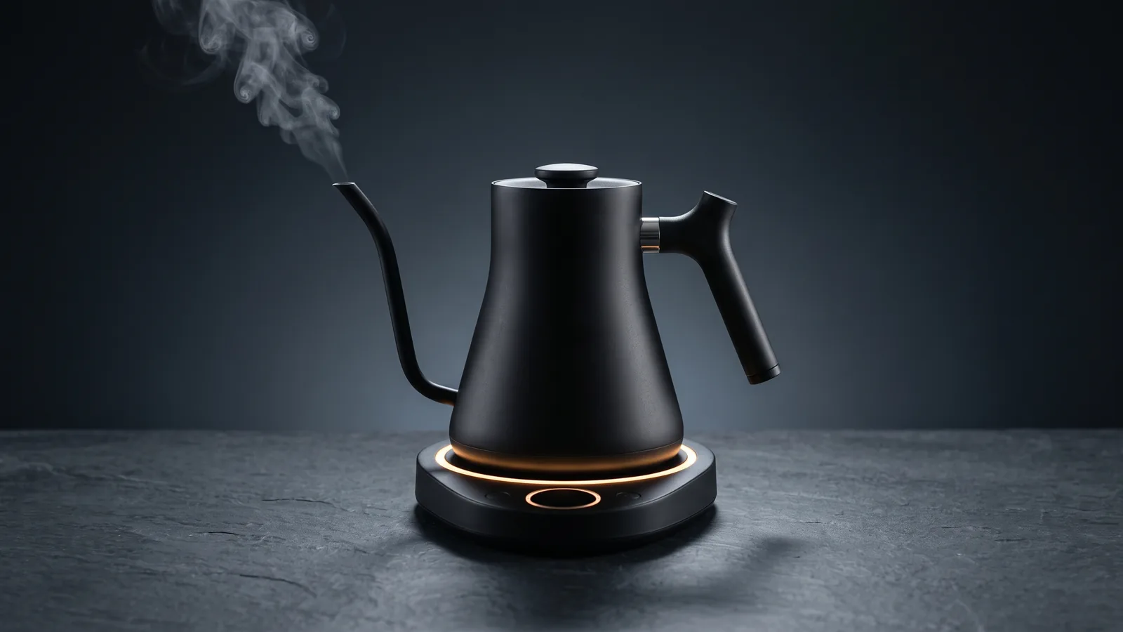 An electric kettle on a control base with a softly glowing temperature ring (no readable text), steam rising.