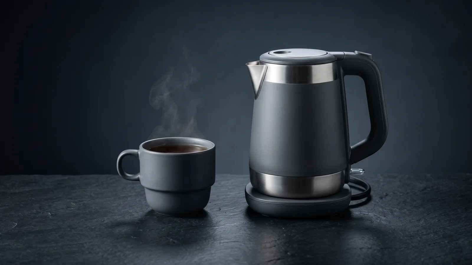 A small compact travel electric kettle beside a single stacking cup, neat and portable.