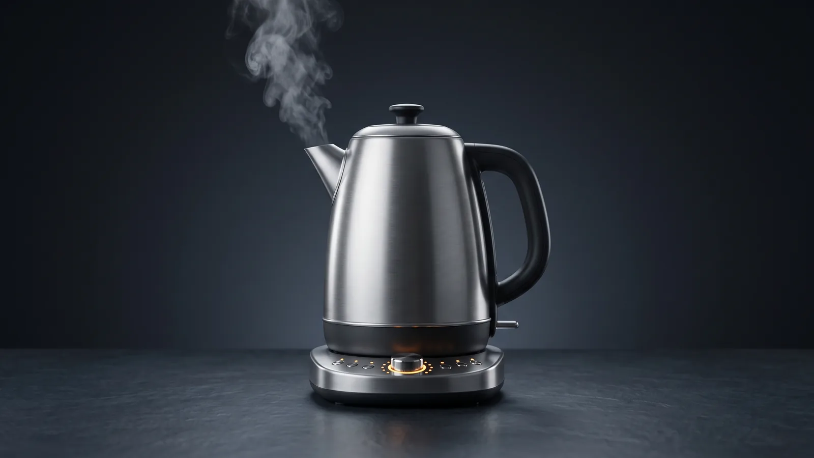 An electric kettle on a base with a glowing temperature selector (no readable text), steam rising.