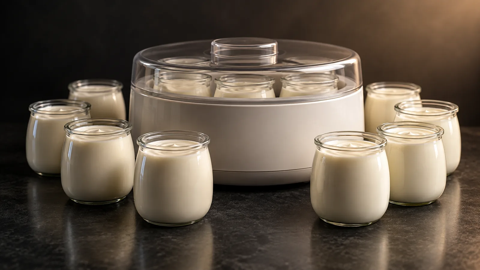 A large yogurt maker ringed with many glass jars of creamy yogurt, a generous batch.