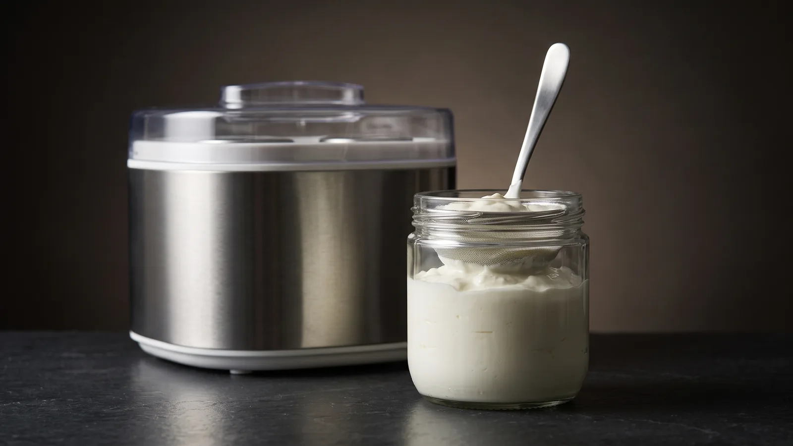 A yogurt maker beside a jar of thick strained Greek yogurt with a straining screen, a spoon standing upright in the thickness.